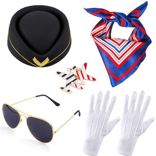 Windskids Damen Flugbegleiterin Kostüm Zubehör Set 5 Stück, Fasching Cosplay Stewardess Hut Schal Brille Handschuhe Abzeichen Kostümzubehör Set für Halloween Karneval Party Maskerade Verkleidung von Windskids