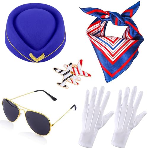 Windskids Damen Flugbegleiterin Kostüm Zubehör Set 5 Stück, Fasching Cosplay Stewardess Hut Schal Brille Handschuhe Abzeichen Kostümzubehör Set für Halloween Karneval Party Maskerade Verkleidung von Windskids