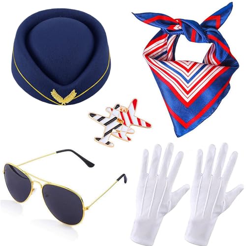 Windskids Damen Flugbegleiterin Kostüm Zubehör Set 5 Stück, Fasching Cosplay Stewardess Hut Schal Brille Handschuhe Abzeichen Kostümzubehör Set für Halloween Karneval Party Maskerade Verkleidung von Windskids