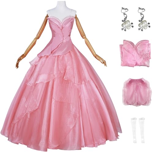 Windskids Damen Glinda Kostüm Lange Fee Abendkleid Top Rock Ohrringe Set für Fancy Dress Up Halloween Karneval Party Geburtstag Hochzeit Maskerade Performance Wicked Glinda Verkleidung, Rosa von Windskids