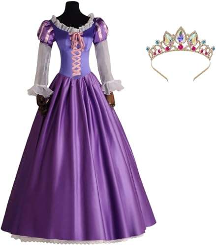 Windskids Damen Rapunzel Kostüm mit Krone Vintage Hof Boden Langarm Rapunzel Abendkleid Weihnachten Karneval Halloween Party Geburtstag Maskerade Rapunzel Ballkleid Performance Verkleidung von Windskids