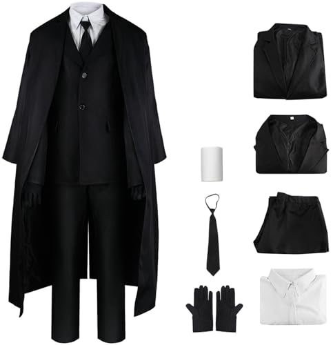 Windskids Dazai Osamu Kostüm Herren Cosplay Anime Bungo Stray Dogs Osamu Dazai Smoking Komplett Uniform Set 7 Stück für Fancy Dress Up Halloween Karneval Party Maskerade Verkleidung, Schwarz von Windskids