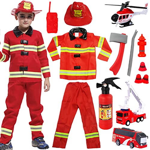 Windskids Feuerwehrmann Kostüm Kinder Feuerwehr Rollenspiel Set mit Feuerlöscher Feuerwehrflugzeug Feuerwehrmann Spielzeug für Kinder Jungen Mädchen Karneval Halloween Fasching von Windskids