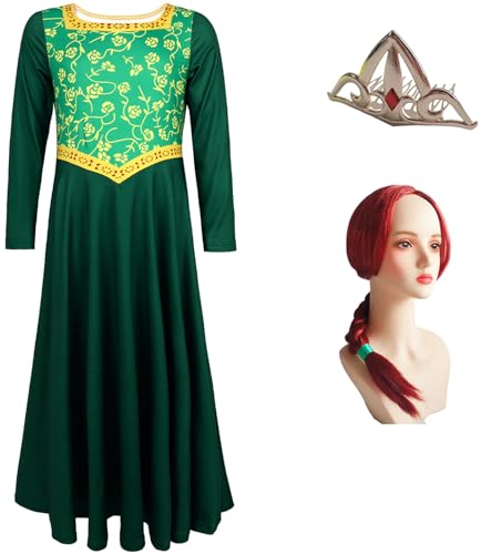 Windskids Fiona Kostüm Damen Cosplay Grün Monster Prinzessin Fiona Vintage Kleid mit Krone und Perücke für Halloween Weihnachten Karneval Geburtstag Party Maskerade Performance Verkleidung, Grün von Windskids