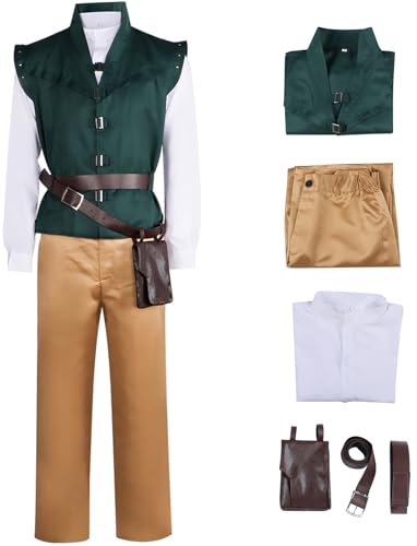 Windskids Flynn Rider Kostüm Herren Cosplay Rapunzel Flynn Rider Uniform Weste Top Hose Gürtel Tasche Set für Fancy Dress Up Halloween Karneval Party Geburtstag Maskerade Anime Performance Verkleidung von Windskids