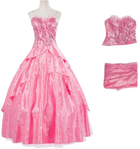 Windskids Glinda Kostüm Damen Cosplay Wicked Hexe Glinda Glitzer Fee Abendkleider Rosa Oberteil und Rock für Halloween Weihnachten Karneval Party Geburtstag Maskerade Performance Verkleidung von Windskids