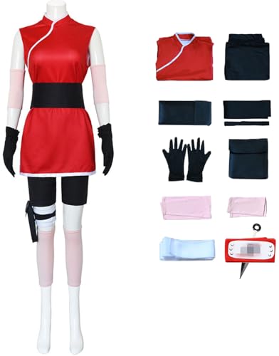 Windskids Haruno Kostüm Damen Cosplay Ninja Komplett Uniform Con Stirnband Zubehör für Fancy Dress Up Halloween Karneval Party Geburtstag Maskerade Anime Performance Sakura Verkleidung, Rot von Windskids