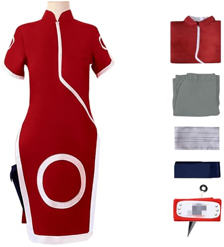 Windskids Haruno Kostüm Damen Cosplay Ninja Uniform Cheongsam Hose Tasche Stirnband Set für Fancy Dress Up Halloween Karneval Party Geburtstag Maskerade Anime Performance Sakura Verkleidung, Rot von Windskids