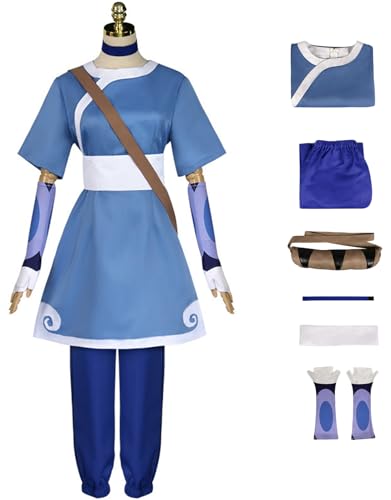Windskids Katara Kostüm Damen Cosplay Avatar Katara Komplett Uniform Top und Hose mit Halskette Handschuhe Umhängetasche Anzug 6 Stück für Halloween Karneval Party Maskerade Performance Verkleidung von Windskids