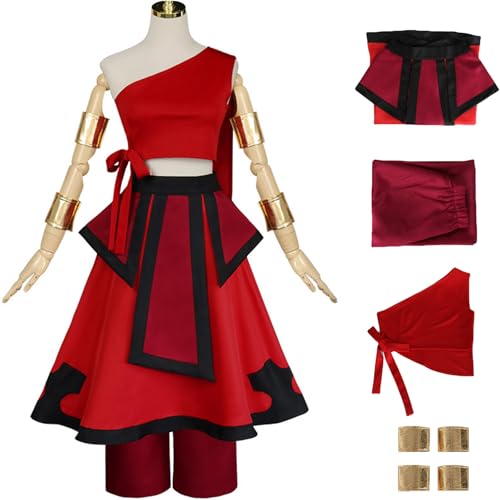 Windskids Katara Kostüm Damen Fasching Cosplay Avatar Airbender Katara Anime Rot Uniform Top Rock Hose Armband Set für Fancy Dress Up Halloween Karneval Party Geburtstag Maskerade Verkleidung von Windskids