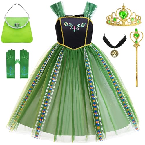 Windskids Mädchen Anna Kostüm Fasching Cosplay Schneekönigin Anna Prinzessin Kleid mit mit Zubehör Weihnachten Karneval Halloween Party Geburtstag Maskerade Anna Kostüm Verkleidung, Grün, 3-10 Jahre von Windskids