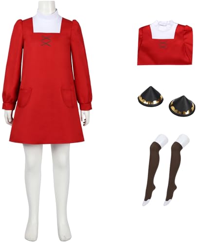 Windskids Mädchen Anya Kostüm, Langarm Anya Forger Taschenkleid mit Kopfbedeckung Socken für Weihnachten Karneval Halloween Geburtstag Party Fest Kostüm Verkleidung, Rot von Windskids