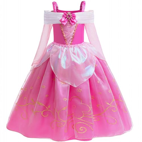 Windskids Mädchen Aurora Kostüm Fasching Cosplay Dornröschen Prinzessin Aurora Langarm Hülsen Abendkleid mit Zubehör Weihnachten Karneval Halloween Party Geburtstag Verkleidung, Rosa, 3-13 Jahre von Windskids