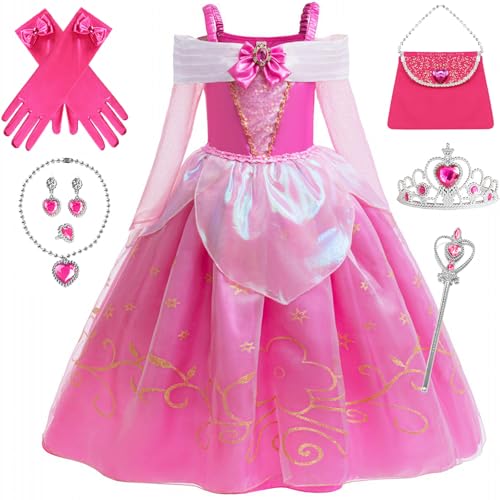 Windskids Mädchen Aurora Kostüm Fasching Cosplay Dornröschen Prinzessin Aurora Langarm Hülsen Abendkleid mit Zubehör Weihnachten Karneval Halloween Party Geburtstag Verkleidung, Rosa, 3-13 Jahre von Windskids