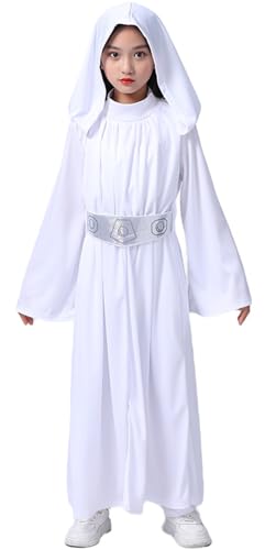 Windskids Mädchen Cosplay Planet Krieg Prinzessin Leia Weiß Kapuzenkleid Hose Gürtel und Perücken für Fancy Dress Up Halloween Karneval Party Geburtstag Maskerade Performance Verkleidung, 3-10 Jahre von Windskids