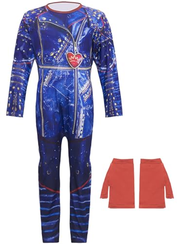 Windskids Mädchen Evil Kostüm Fasching Cosplay Nachkommen Evil Queen Druck Jumpsuits mit Handschuhe für Halloween Karneval Party Geburtstag Maskerade Performance Verkleidung, Blau von Windskids