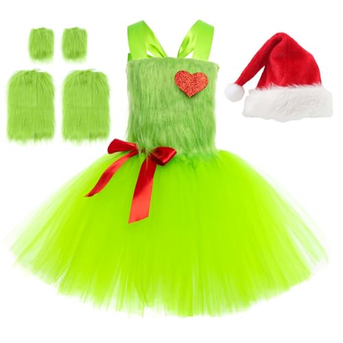 Windskids Mädchen Grinch Kostüm mit Weihnachtsmützen Fasching Christmas Grinch Ballerina Tutu Kleid und Zubehör für Halloween Weihnachten Karneval Party Geburtstag Maskerade Verkleidung, 2-8 Jahre von Windskids
