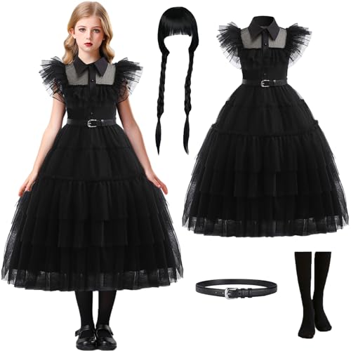 Windskids Mädchen Halloween Kostüm Schwarz Gothic Vintage Zombie Geisterbraut Fasching Tüll Ballkleid mit Perücken und Socken Anzug Karneval Party Fest Verkleidung, 4-10 Jahre von Windskids