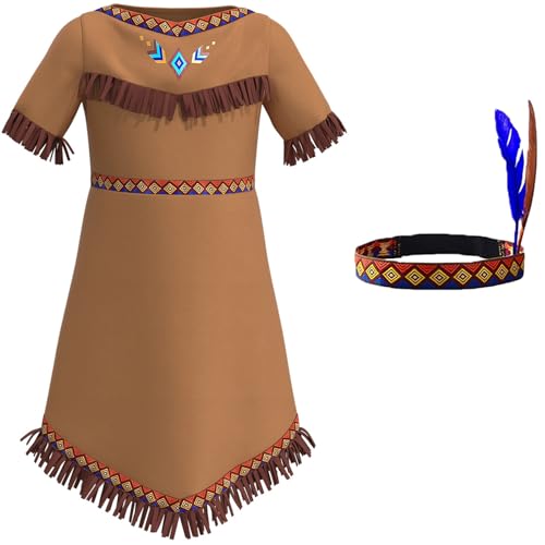 Windskids Mädchen Indianer Kostüm Braun Fransen Druck Primitiv Indianer Kleider mit Feder Stirnband Haarschmuck für Fancy Dress Up Halloween Karneval Party Maskerade Bühne Performance Verkleidung Windskids Mädchen Indianer Kostüm Braun Fransen Druck Primitiv Indianer Kleider mit Feder Stirnband Haarschmuck für Fancy Dress Up Halloween Karneval Party Maskerade Bühne Performance Verkleidung von Windskids