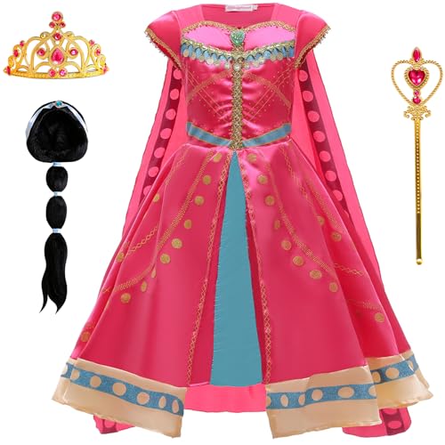 Windskids Mädchen Jasmine Kostüm Arabien Prinzessin Jasmin Abendkleid mit Umhang und Krone Stab Perücke für Kinder Halloween Weihnachten Karneval Party Geburtstag Maskerade Performance Verkleidung von Windskids