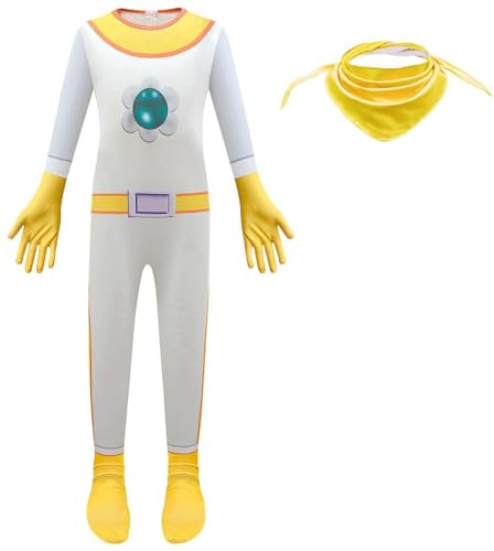 Windskids Mädchen Kostüm Fasching Cosplay Prinzessin Peach Daisy Rosalina Outfit Druck Langarm Jumpsuit Halstuch für Fancy Dress Up Halloween Karneval Party Geburtstag Maskerade Verkleidung von Windskids