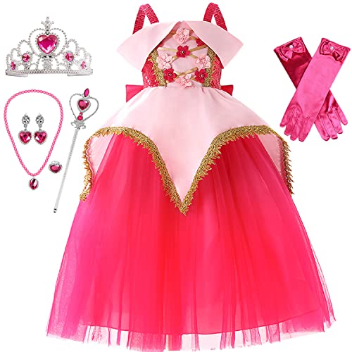 Windskids Mädchen Kostüm Prinzessin Aurora Kleid mit Zubehör Verkleidung Dornröschen Rose Fliege Florales Abendkleid Cosplay Weihnachten Fasching Halloween Geburtstagsfeier Festkleid Kinder 3-9 Jahre von Windskids