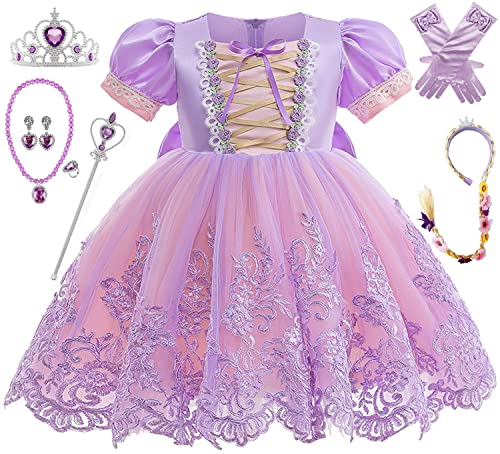 Windskids Mädchen Kostüm Rapunzel Prinzessin Kleid Verkleidung Stickerei Tüll Abendkleid mit Fliege Cosplay Weihnachten Fasching Halloween Geburtstagsfeier Neujahr Festkleid Violett Baby 1-7 Jahre von Windskids