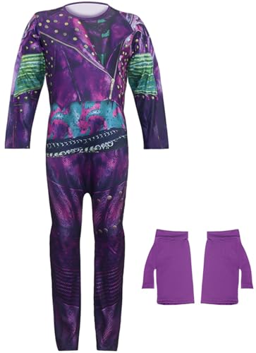 Windskids Mädchen Mal Kostüm Fasching Cosplay Nachkommen Mal Drucke Jumpsuits mit Handschuhe für Kinder Halloween Karneval Party Geburtstag Maskerade Performance Verkleidung, Lila von Windskids