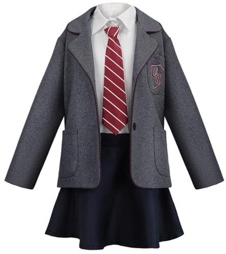 Windskids Mädchen Matilda Kostüm Fasching Cosplay Musical Matilda Komplett Schuluniformen Jacke Hemd Rock Krawatte Set 4 Stück für Halloween Karneval Party Maskerade Performance Verkleidung von Windskids