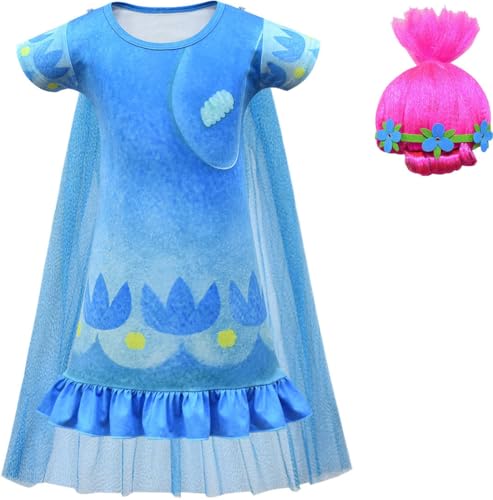 Windskids Mädchen Poppy Kostüm Fasching Cosplay Elf Prinzessin Poppy Drucke Kleid mit Umhang und Perücke für Fancy Dress Up Halloween Weihnachten Karneval Party Geburtstag Verkleidung, Blau Windskids Mädchen Poppy Kostüm Fasching Cosplay Elf Prinzessin Poppy Drucke Kleid mit Umhang und Perücke für Fancy Dress Up Halloween Weihnachten Karneval Party Geburtstag Verkleidung, Blau von Windskids