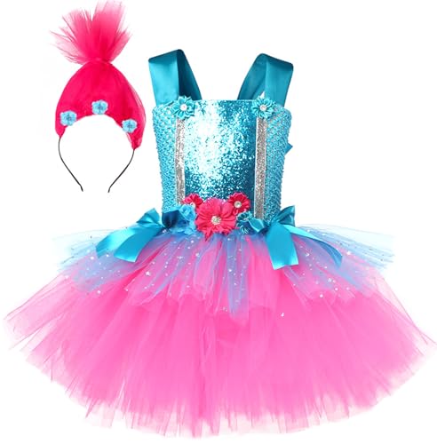 Windskids Mädchen Poppy Kostüm Fasching Cosplay Elf Prinzessin Poppy Pailletten Tüll Tutu Kleid Perückenstirnband Set für Fancy Dress Up Halloween Karneval Party Geburtstag Verkleidung 2-12 Jahre von Windskids