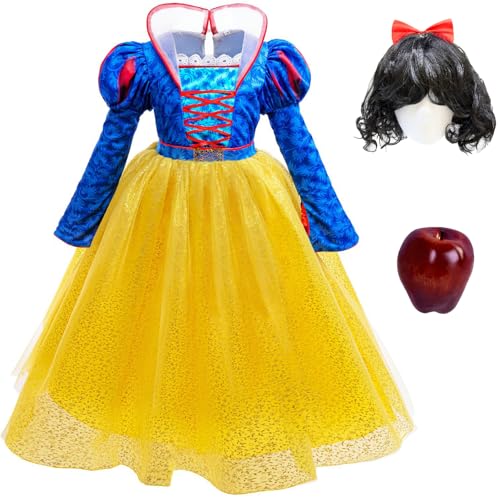 Windskids Mädchen Schneewittchen Kostüm, Langarm Tüll Stehkragen Schneewittchen Kleider mit Haarreif Perücke Weihnachten Karneval Halloween Party Geburtstag Snow White Kostüm Verkleidung, 3-15 Jahre von Windskids