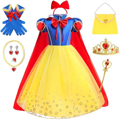 Windskids Mädchen Schneewittchen Kostüm mit Umhang Fasching Snow White Lange Tüll Prinzessin Kleid und Zubehör Weihnachten Karneval Halloween Party Geburtstag Festkleider Verkleidung, 2-12 Jahre von Windskids