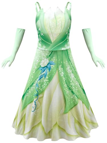 Windskids Mädchen Tiana Kostüm Frosch Prinzessin Tiana Ballerina Riemen Abendkleid mit Handschuhe für Kinder Halloween Weihnachten Karneval Party Geburtstag Maskerade Performance Verkleidung von Windskids