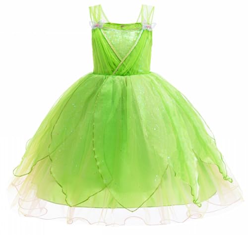 Windskids Mädchen Tinker Bell Kostüm, Pailletten Tüll Ballerina Blumenfee Kleid Flügel Elfenohren Krone Stab Weihnachten Karneval Halloween Party Geburtstag Tinker Bell Kostüm Verkleidung, 2-13 Jahre von Windskids