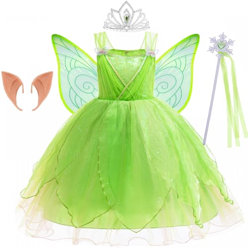 Windskids Mädchen Tinker Bell Kostüm, Pailletten Tüll Ballerina Blumenfee Kleid Flügel Elfenohren Krone Stab Weihnachten Karneval Halloween Party Geburtstag Tinker Bell Kostüm Verkleidung, 2-13 Jahre von Windskids