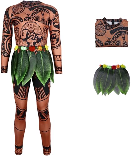 Windskids Maui Kostüm Herren Cosplay Moana Halbgötter Maui Tattoos Jumpsuits Taillenbekleidung für Halloween Karneval Party Geburtstag Maskerade Performance Verkleidung von Windskids