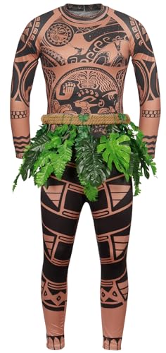 Windskids Maui Kostüm Herren Cosplay Moana Halbgötter Maui Tattoos Top Hose Taillenbekleidung Set für Halloween Karneval Party Geburtstag Maskerade Performance Verkleidung von Windskids
