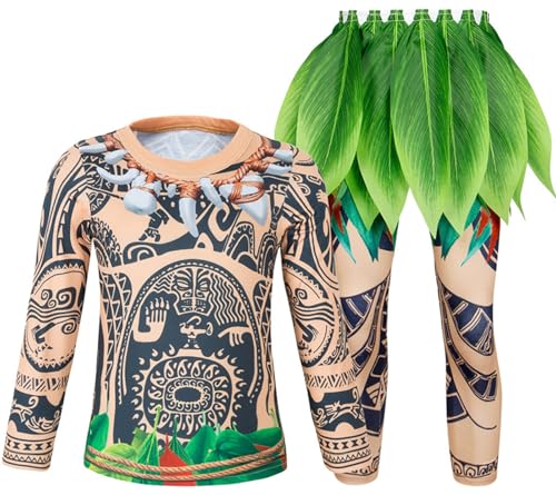 Windskids Maui Kostüm Jungen Cosplay Moanna Halbgott Maui Drucke Loungewear Pyjamas Top und Hose mit Blattgürtel für Kinder Halloween Karneval Party Geburtstag Performance Verkleidung, 2-10 Jahre Windskids Maui Kostüm Jungen Cosplay Moanna Halbgott Maui Drucke Loungewear Pyjamas Top und Hose mit Blattgürtel für Kinder Halloween Karneval Party Geburtstag Performance Verkleidung, 2-10 Jahre von Windskids