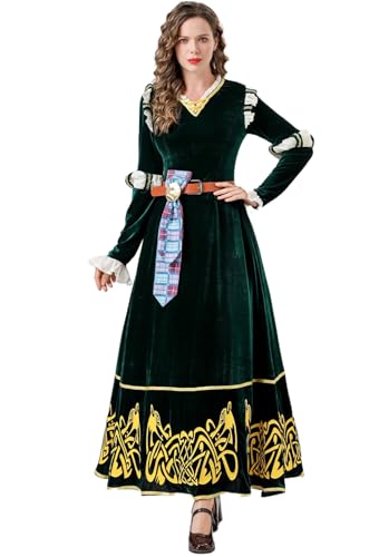 Windskids Merida Kostüm Damen Cosplay Tapfer Legende Prinzessin Merida Mittelalter Vintage Samt Maxikleid für Fancy Dress Up Halloween Karneval Party Geburtstag Maskerade Ballkleid Verkleidung von Windskids