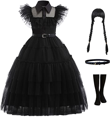 Windskids Mittwoch Kostüm Mädchen Gothic Family Vintage Fasching Ballkleid mit Perücken und Socken Anzug Halloween Karneval Geburtstag Party Fest Verkleidung, Schwarz, 4-10 Jahre von Windskids