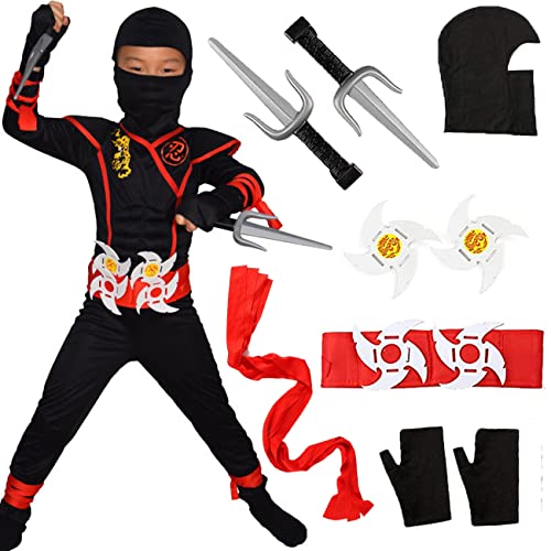 Windskids Ninja Kostüm Anzug Kinder Cosplay Ninja Kostüm Rot Schwarz mit Muskelanzug Samurai Ninja Zubehör Halloween Karneval Party Verkleidung Costume für Jungen Mädchen Geschenke Alter 4-12 Jahre von Windskids