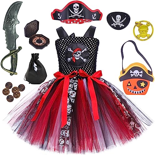 Windskids Piratenkostüm Mädchen mit 8 Stück Piraten Zubehör Piratenhut Augenschutz Kompass Geldsäcke Goldmünzen Ohrringe Taschen Tutukleid Verkleidung Halloween Karneval Fasching Kostüm für Kinder von Windskids