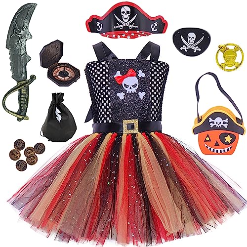 Windskids Piratenkostüm Mädchen mit 8 Stück Zubehör Piratenhut Augenschutz Kompass Geldsäcke Goldmünzen Ohrringe Taschen Tutukleid Verkleidung Halloween Karneval Fasching Kostüm für Kinder 2-12 Jahre von Windskids