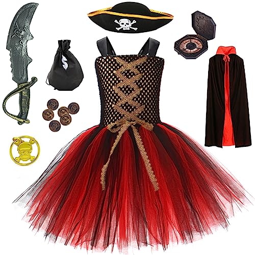 Windskids Piratenkostüm Mädchen mit Mit Umhang und 8 Stück Piraten Zubehör Piratenhut Kompass Geldsäcke Goldmünzen Ohrringe Taschen Tutukleid Verkleidung Halloween Karneval Fasching Kostüm für Kinder von Windskids