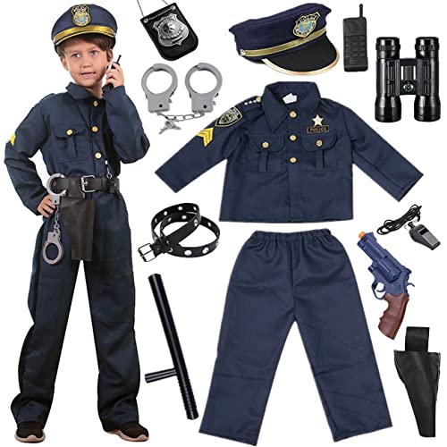 Windskids Polizei Kostüm Kinder Polizei Hemd Hosen Polizeimütze mit Polizei Ausrüstung Handschellen Polizeiabzeichen Sonnenbrille Fernrohr Spielzeug für Jungen Mädchen Halloween Karneval 4-12 Jahre von Windskids