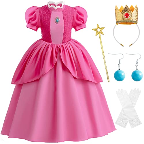 Windskids Princess Peach Kleid mit Zubehör Mädchen Prinzessin Pfirsich Rosa Prinzessin Kleid Verkleidung Fasching Geburtstag Halloween Party Karneval Ankleiden Cosplay Outfit Alter 3-9 Jahre von Windskids