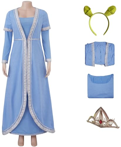 Windskids Prinzessin Fiona Kostüm Damen Mittelalter Renaissance Vintage Tunikakleid mit Haarband Krone und Perücke für Halloween Karneval Geburtstag Party Maskerade Performance Verkleidung, Blau von Windskids