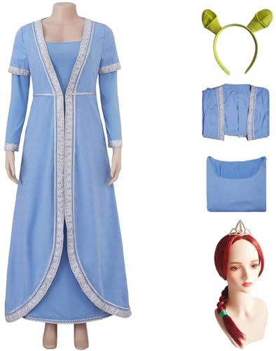 Windskids Prinzessin Fiona Kostüm Damen Mittelalter Renaissance Vintage Tunikakleid mit Haarband Krone und Perücke für Halloween Karneval Geburtstag Party Maskerade Performance Verkleidung, Blau von Windskids