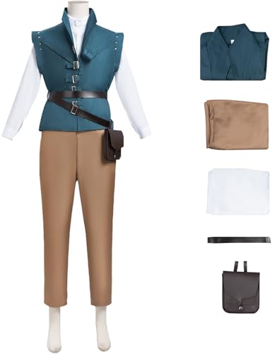 Windskids Rider Kostüm Herren Fasching Cosplay Rapunzel Flynn Rider Komplettset Uniform Weste Top Hose Gürtel Tasche für Fancy Dress Up Halloween Karneval Party Maskerade Performance Verkleidung von Windskids